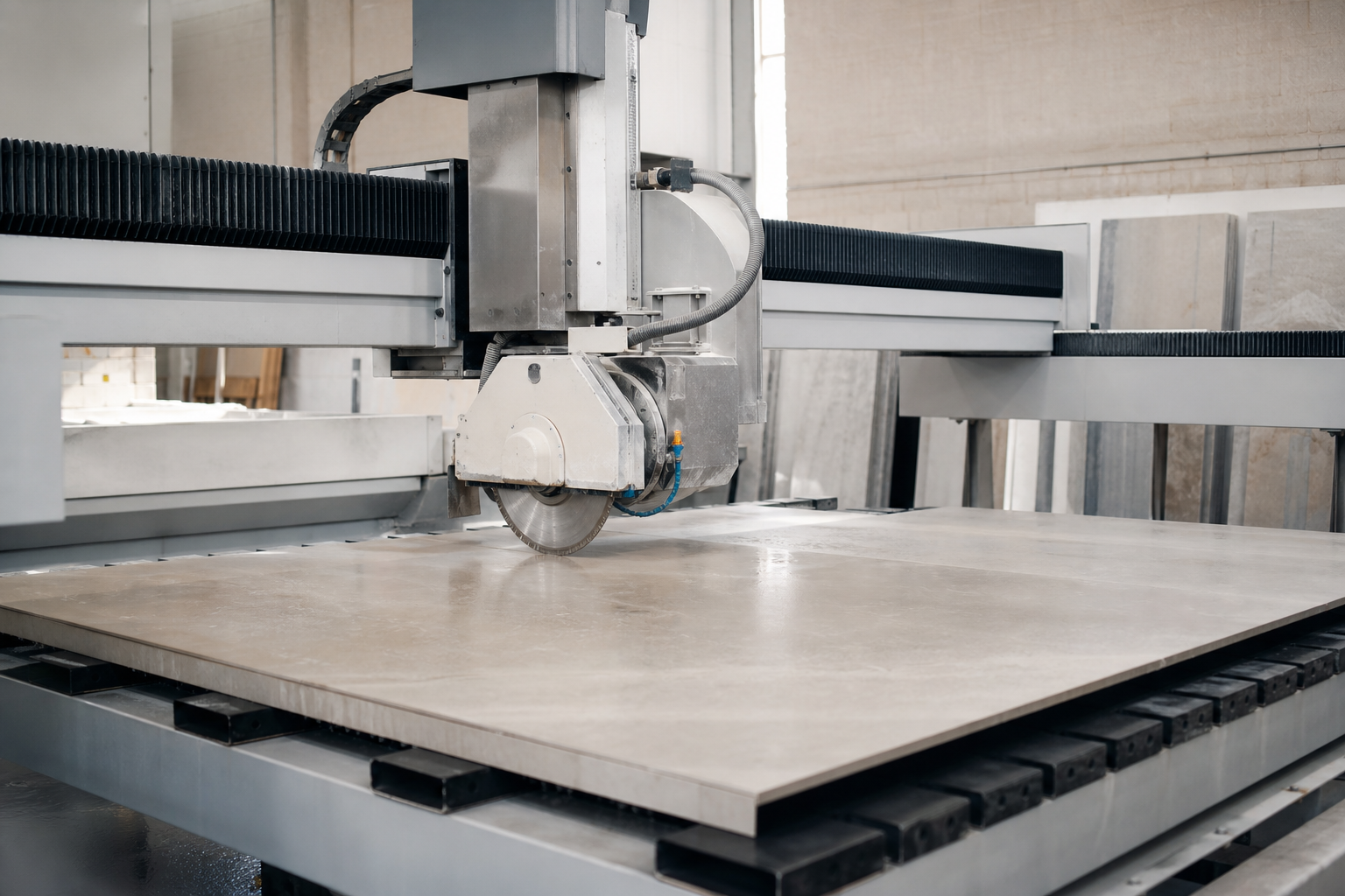 Cutting a large-format slab in the workshop