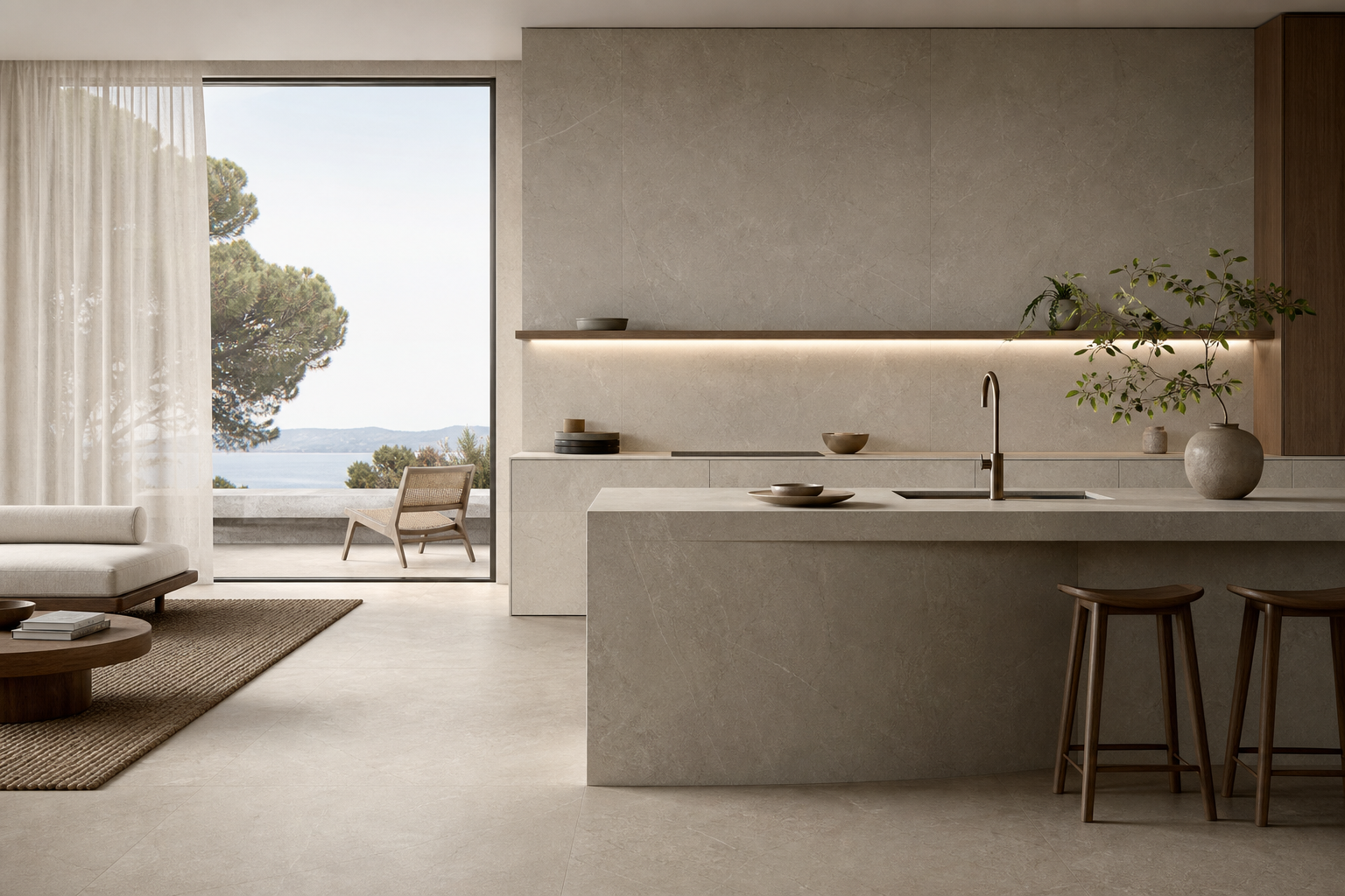 Interior with large-format Laminam slabs