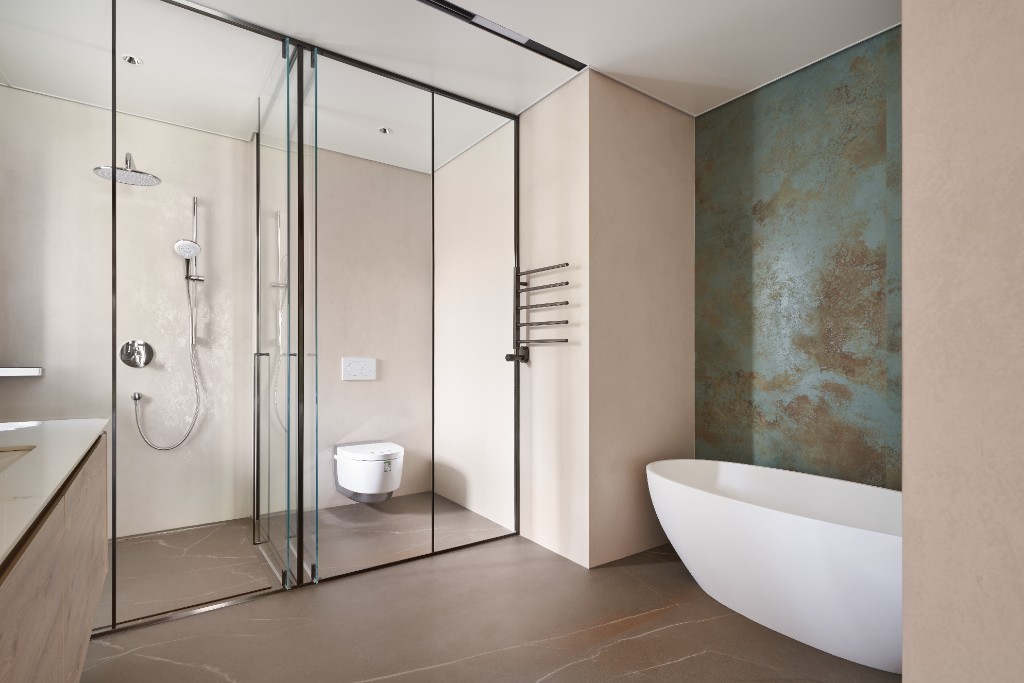 Ossido Verderame · Oxide Bianco · In-Side Pietra Piasentina Taupe · Natural Zidna obloga u kupatilu, KunShan Private House
